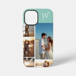 Coque iPhone 12 Mini Collage de 5 photos avec monogramme sur sarcelle