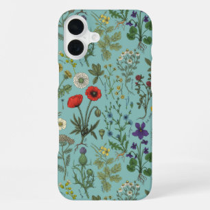 Coque iPhone 16 Plus Collage de fleurs sauvages sur fond bleu