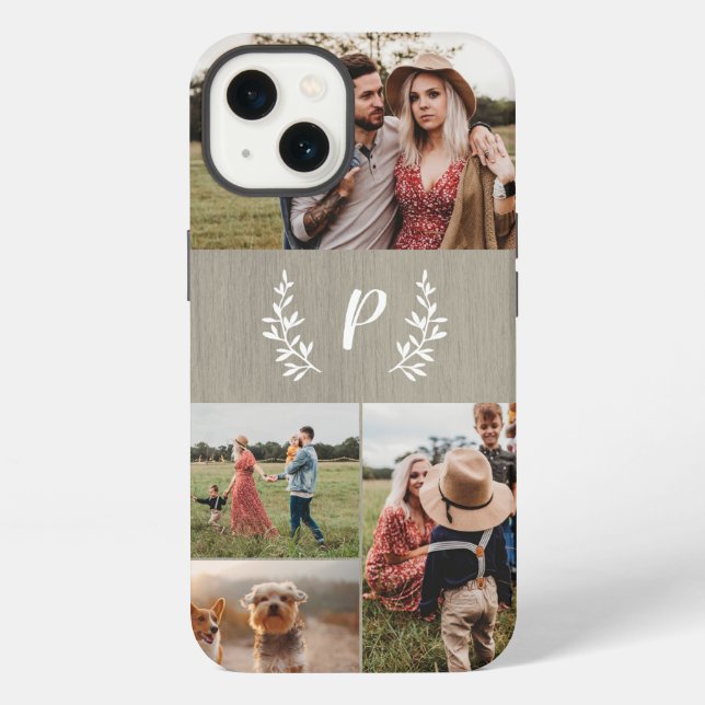 Coque iPhone Collage de photos à monogramme rustique (Verso)