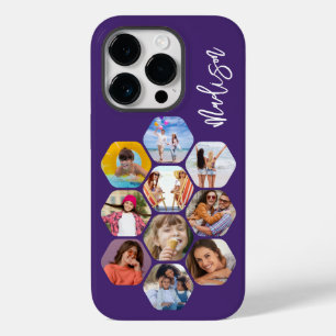 Coque Pour iPhone 14 Plus Collage de photos en hexagone moderne avec nom per