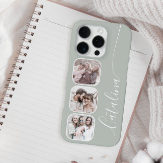 Coque iPhone 16 Pro Collage de photos personnalisé vert sauge