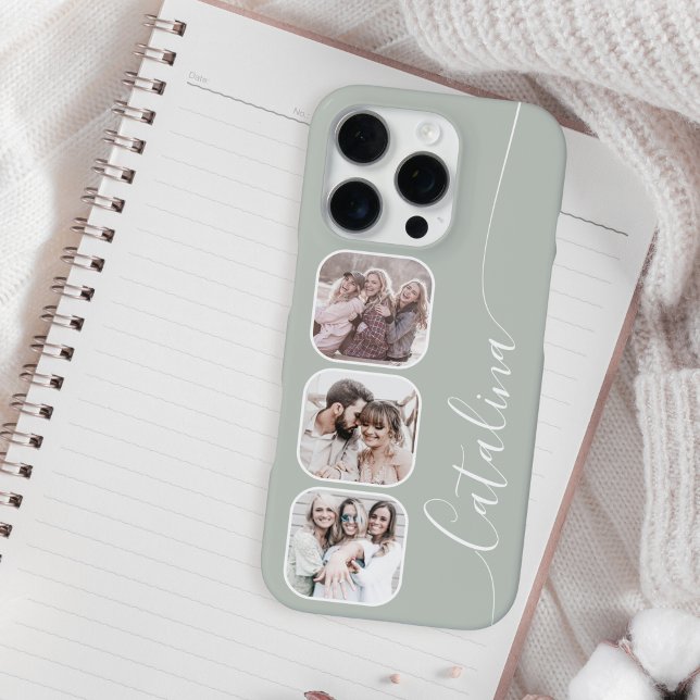 Coque iPhone Collage de photos personnalisé vert sauge (Créateur téléchargé)