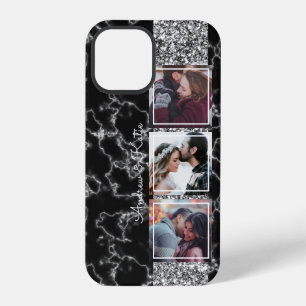 Coque iPhone 12 Pro Collage personnalisé de 3 photos en marbre noir et