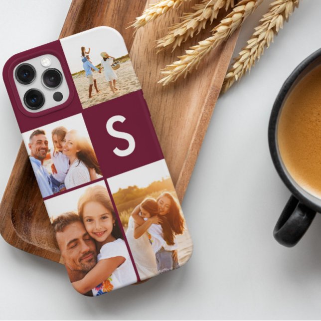 Coque iPhone Collage photo moderne monogramme initial burgundy (Créateur téléchargé)
