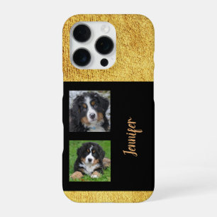 Coque iPhone 16 Pro Collage photo personnel élégant paillettes or noir