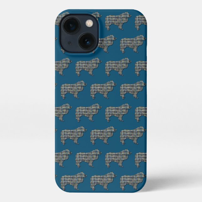 Coque iPhone Collie Rough Chien Cute Silhouette Grille Bleue (Verso)