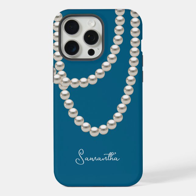 Coque iPhone Collier de perles bleues élégant (Verso)