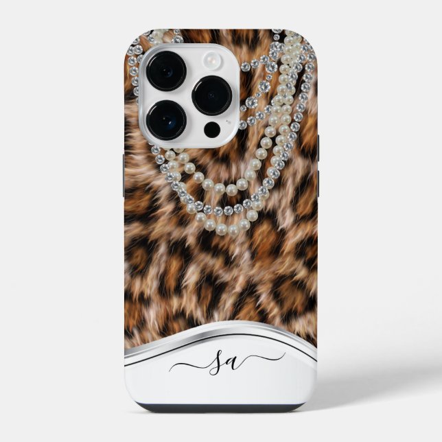 Coque iPhone Collier Diamant Perle Nom Manuscrit Léopard (Verso)