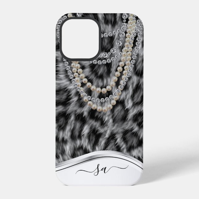 Coque iPhone Collier en diamant perle nom manuscrit Léopard C (Verso)