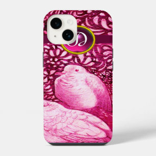 COQUE POUR iPhone 14 COLOMBES BLANCHES DANS UN MONOGRAMME FUCHSIA ROSE