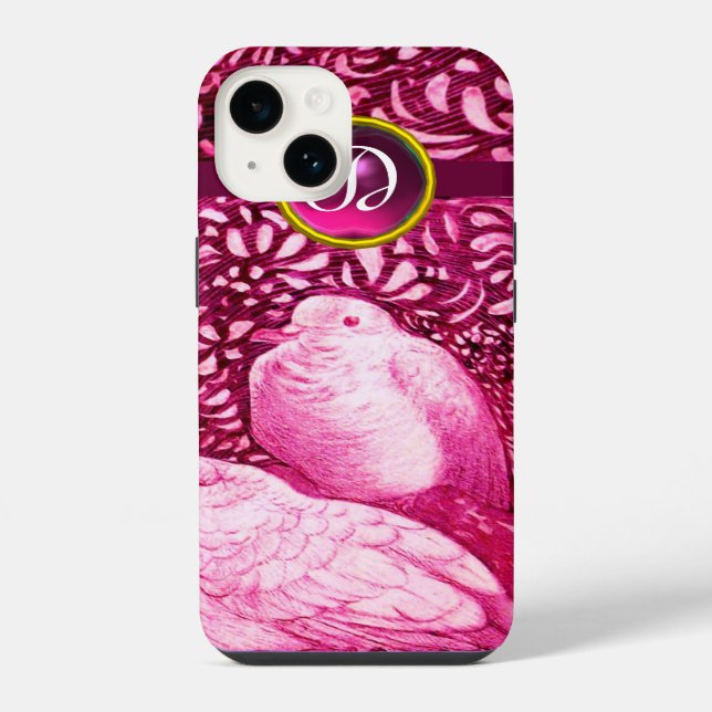 COQUE iPhone COLOMBES BLANCHES DANS UN MONOGRAMME FUCHSIA ROSE (Verso)