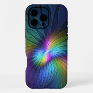 Coque iPhone 16 Pro Max Coloré avec de l'art abstrait fractal moderne bleu