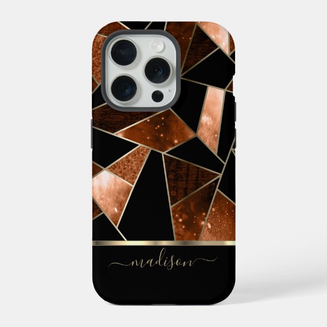 Coque iPhone Conception Abstraite Orange Foncé, Noir et Or (Verso)