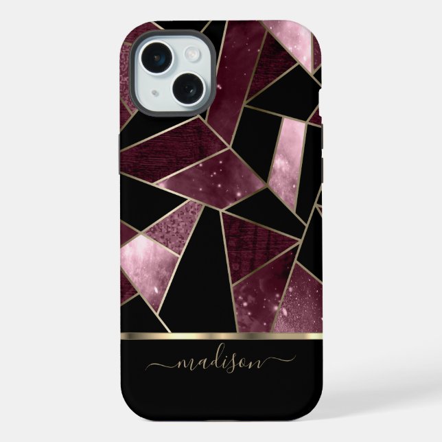 Coque iPhone Conception Abstraite Rose Foncé, Noir et Or  (Verso)