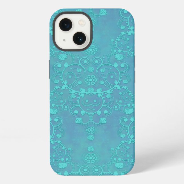 Coque iPhone Conception de damas floral bleu sarcelle (Verso)