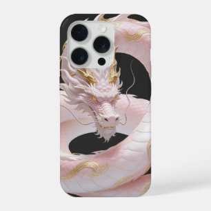 Coque iPhone 15 Pro Conception de fantaisie de dragon en or blanc chin