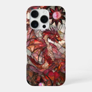 Coque iPhone 16 Pro Conception de faux vitrail Dragon Rouge