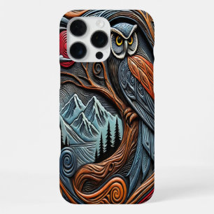 Coque iPhone 16 Pro Max Conception de hibou coloré avec montagnes et couch
