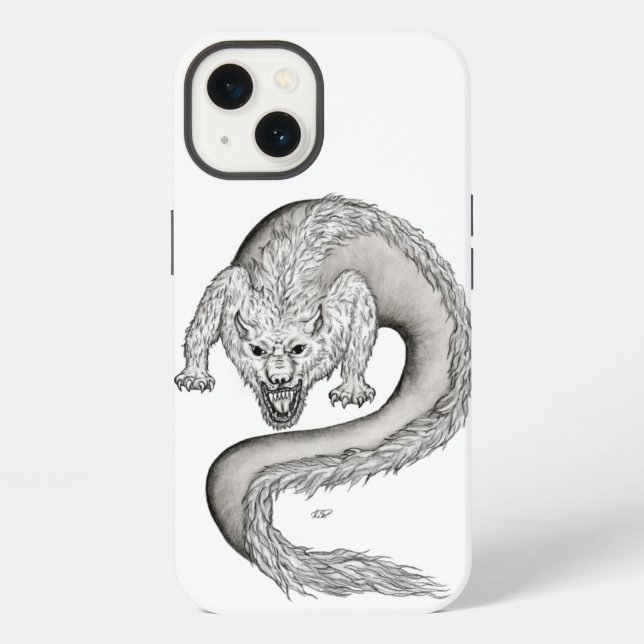 Coque iPhone Conception de loup-dragon noir et blanc (Verso)