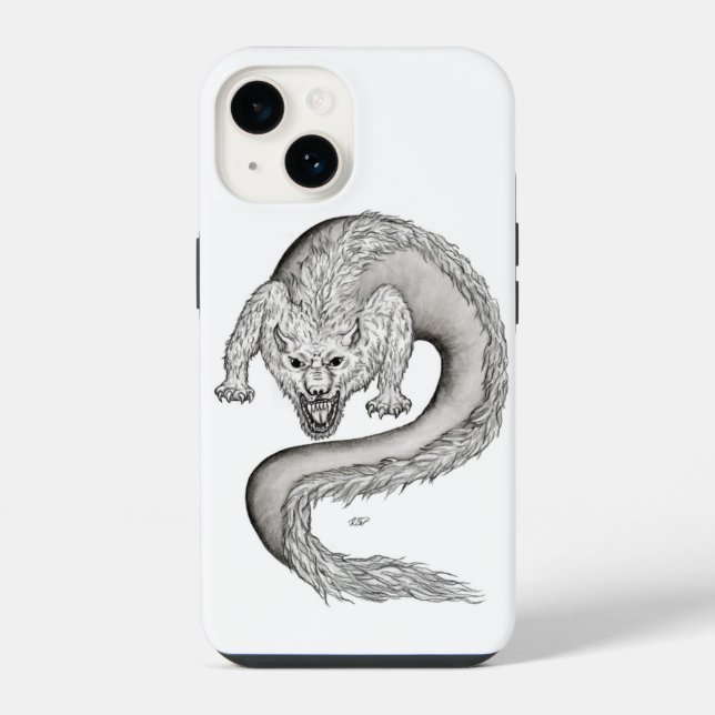Coque iPhone Conception de loup-dragon noir et blanc (Verso)