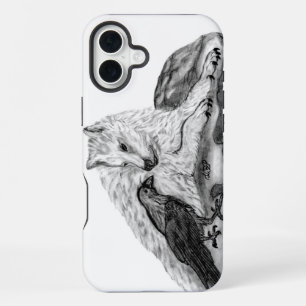 Coque iPhone 16 Plus Conception de loup et de corbeau noir et blanc