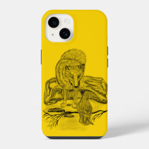 Coque Pour iPhone 14 Conception de loup et de corbeau noir et jaune
