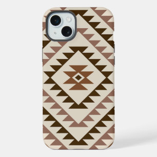 Coque iPhone 15 Plus Conception de motif diamant aztèque marron+crème
