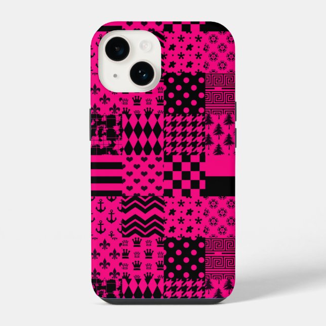 Coque iPhone Conception de patchwork à motifs mixtes rose et no (Verso)