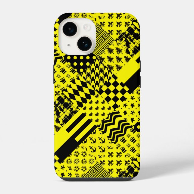 Coque iPhone Conception de patchwork de motifs mixtes jaune noi (Verso)