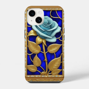 Coque Pour iPhone 14 Conception de Rose Bleue en Verre Coloré