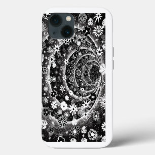 Etui iPhone 13 Conception de tunnel floral noir et blanc