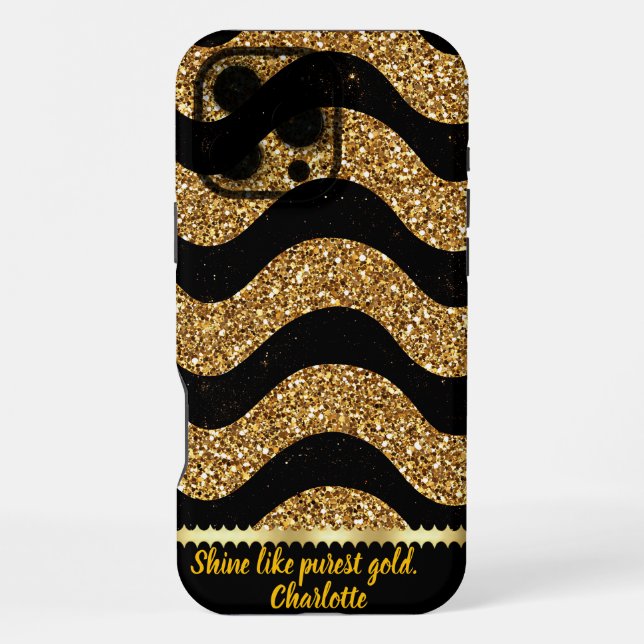 Coque iPhone Conception de vagues marbrées noir et or (Verso)