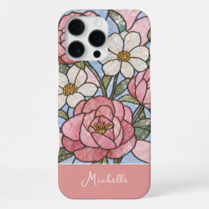 Coque iPhone 16 Pro Max Conception de vitrail floral avec nom personnalisé