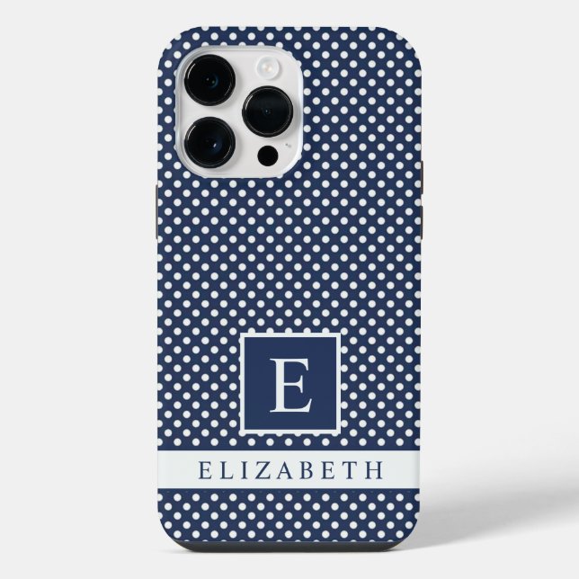 Coque iPhone Conception personnalisée bleu marine blanc à pois (Verso)