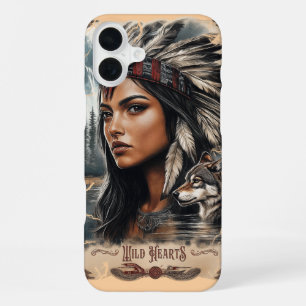 Coque iPhone 16 Plus Conception vintage de la femme et du loup amérindi