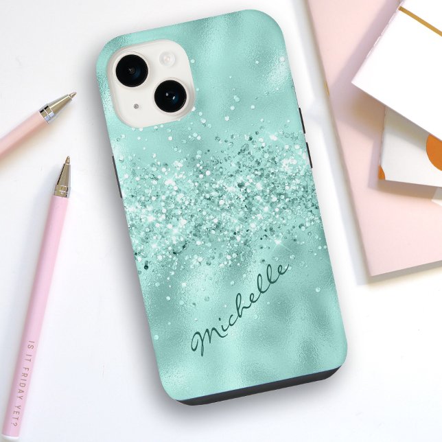Coque iPhone Confetti à huile bleu Glam Aqua (Créateur téléchargé)