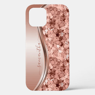 Coque iPhone 12 Pro Confetti Stars Rose Gold Nom manuscrit métal