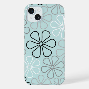 Coque iPhone 15 Plus Contours de grande fleur abstraite BWG + bleu d'oe