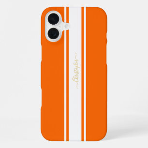 Coque iPhone 16 Plus Cool Orange Blanc Rayures de Course Or Monogrammé