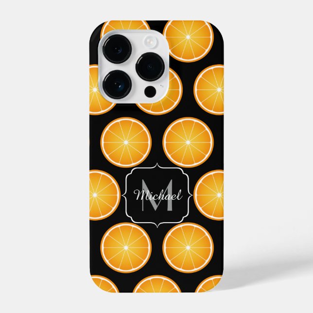 Coque iPhone Cool Orange tranches de fruits motif noir Monogram (Verso)