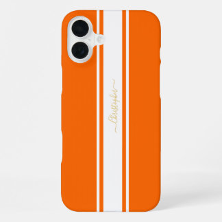 Coque iPhone 16 Plus Cool Orange White Racing Stripes Gold Monogrammed