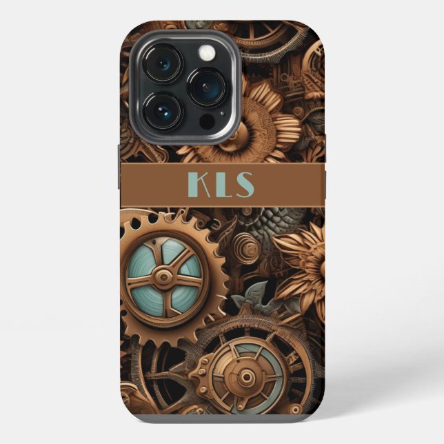 Coque iPhone Cool Steampunk Brown & Turquoise Cogs & Fleurs (Dos)