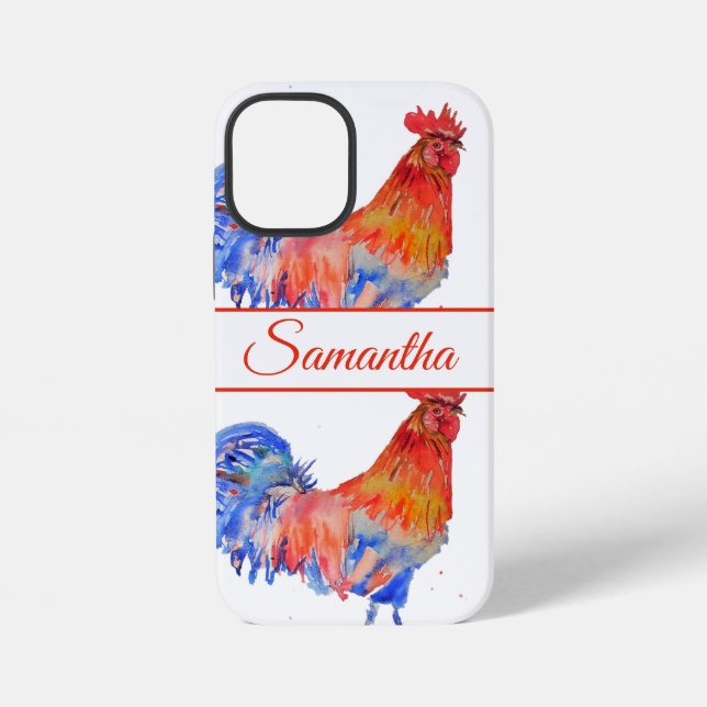 Coque iPhone Coq Rouge Aquarelle florale Téléphone (Verso)