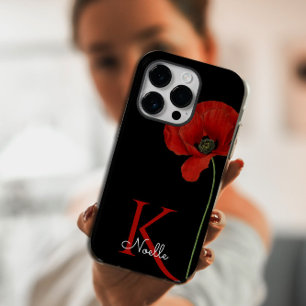 Etui iPhone 13 Coquelicot rouge unique monogrammé sur fond noir