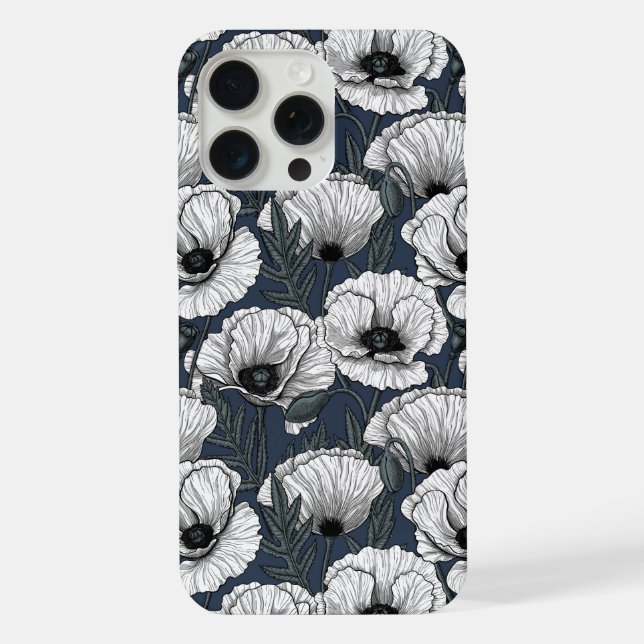 Coque iPhone Coquelicots blancs sur fond bleu marine (Verso)