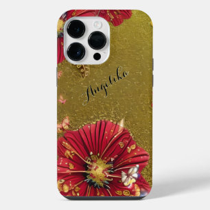 Coque Pour Pour iPhone 14 Pro Max Coquelicots Or Pailletés Nom Personnalisé