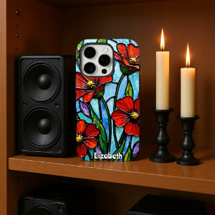 Coque iPhone 16 Pro Coquelicots Rouges de Style Vitrail