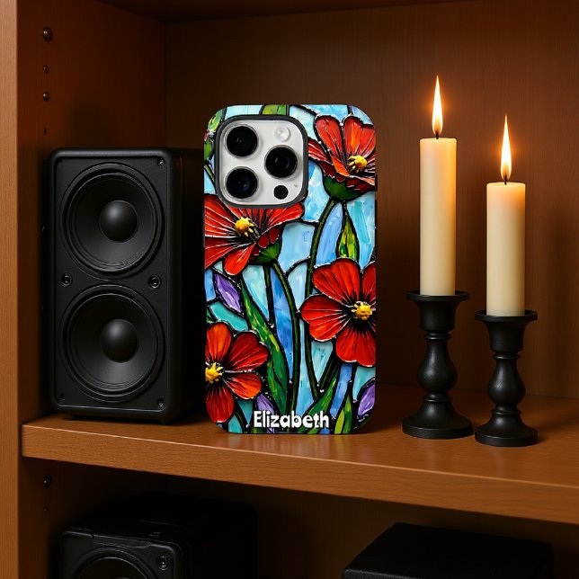 Coque iPhone Coquelicots Rouges de Style Vitrail (Créateur téléchargé)