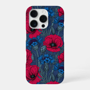 Coque iPhone 16 Pro Coquelicots rouges et fleurs bleues sur bleu