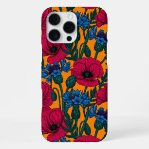 Coque iPhone 16 Pro Max Coquelicots rouges et fleurs de maïs bleues sur or